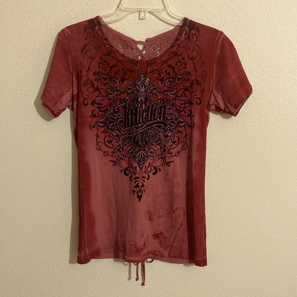Affliction Tops - NWOT AFFLICTION Women's T-Shirt w Black Nylon Graphics & Lacy Back